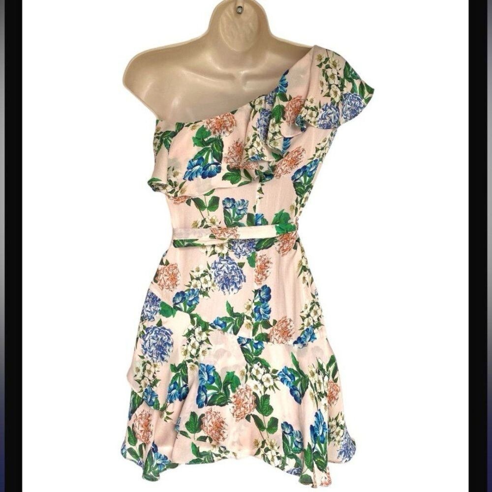 Marissa Webb - Baby Pink Floral One Shoulder Ruffled Silk Blend Dress XS - Picture 7 of 8